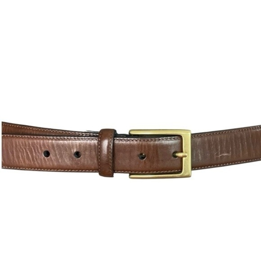 LANDS' END Brown Genuine Leather Gold Solid Brass Square Buckle Dress Belt Sz 46